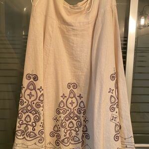 Edward Chic Beige A-Line Linen mix Midi Lined Skirt with Embroidery Sz 6